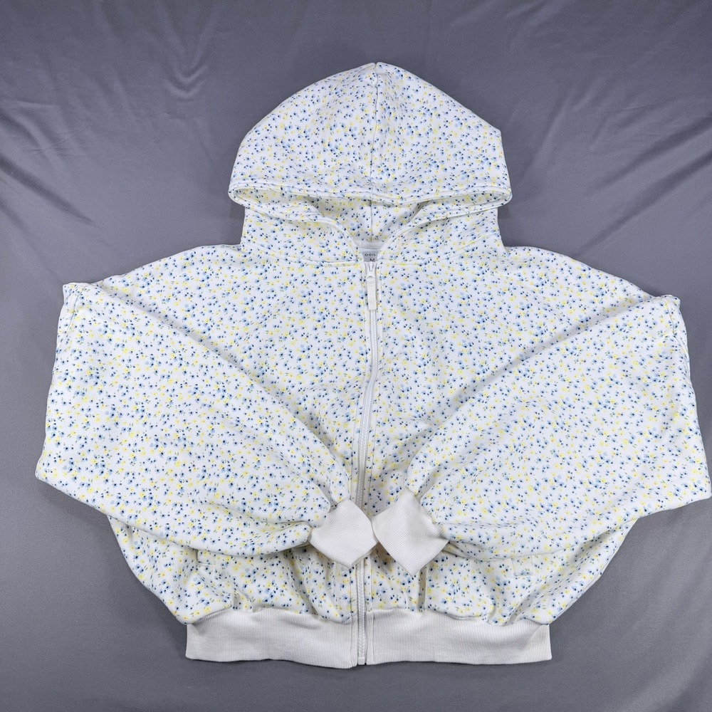 Blogilates Womens M White Floral Cotton Blend Zip Up Cropped Oversized Hoodie